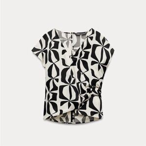 Zara Geometric Black & White Knot-Detail Blouse